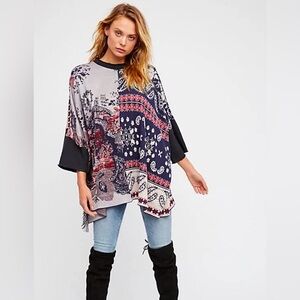 Free People Pieced Paisley Oversized Fringe Tunic Sweater